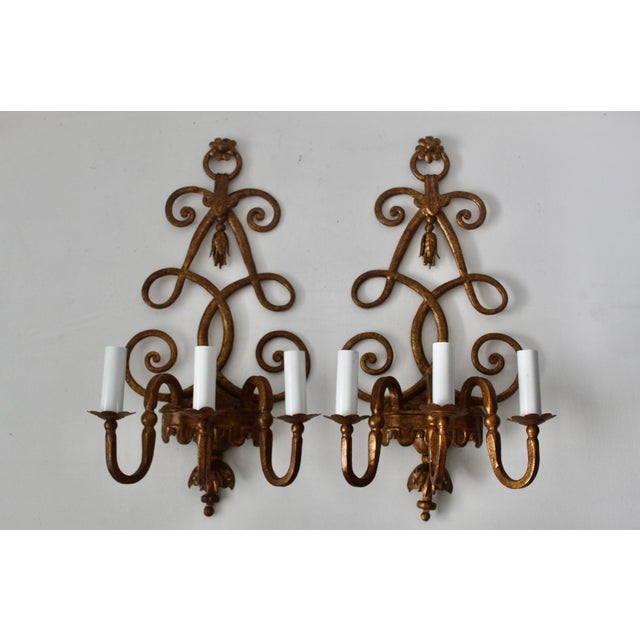 Italian Vintage Italian Florentine Style Gold Finished Scrolling Arms Electric Wall Sconces- A Pair For Sale - Image 3 of 15
