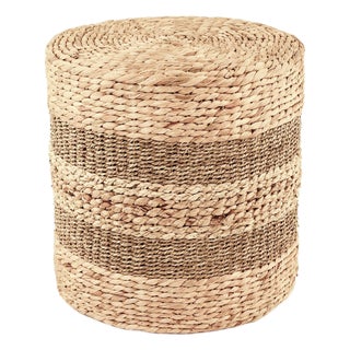 Woven Water Hyacinth Cylinder Ottoman, Stripe Tan For Sale