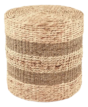 Woven Water Hyacinth Cylinder Ottoman, Stripe Tan