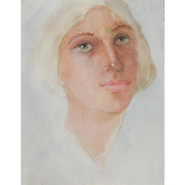 Mid-Century Modern Late 20th Century Portrait Green Eyed Woman Watercolor Painting For Sale - Image 3 of 3