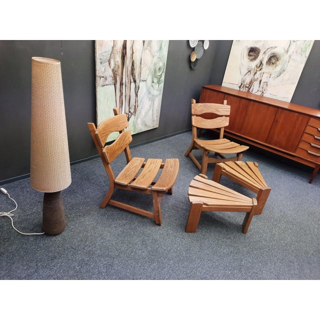 Mid-Century Modern Brutalist Oak Armchairs and Footstools by Awa Holland for Awa Meubelfabriek, 1979, Set of 4 For Sale - Image 3 of 16