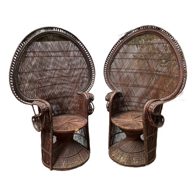 Pair of Matching Vintage 1979 Large Rattan Emmanuelle Peacock Wicker Chairs For Sale