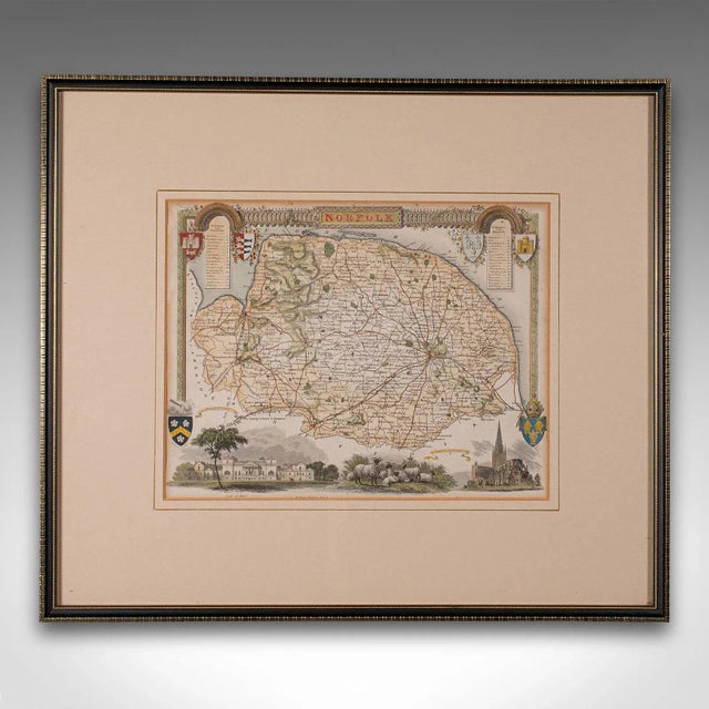 This is an antique lithography map of Norfolk. An English, framed atlas engraving of cartographic interest, dating to the...