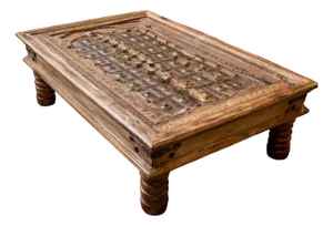 Antique Indian Carved Door Coffee Table – Solid Wood With Patina & Brass Stud Accents 53x26.5
