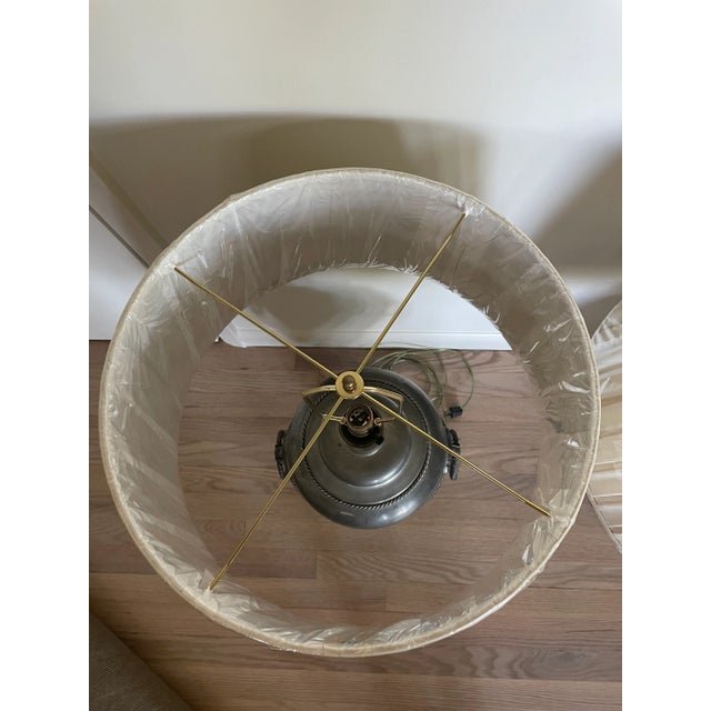 Silver Pair of Mid 20th Century Pewter Finish Lamps With New Linen Pleated Shades For Sale - Image 8 of 9