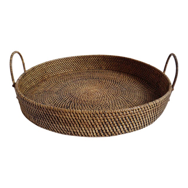 Tea Stained Rattan Round Tray For Sale