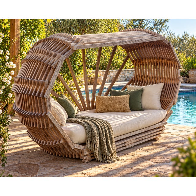 1970s Sculptural Slatted Wood Cocoon Daybed With Architectural Oval Frame For Sale - Image 17 of 17