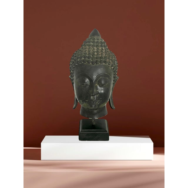 Antique Bronze Ayutthaya Buddha Head Thai Sculpture, Mounted For Sale In Tampa - Image 6 of 12