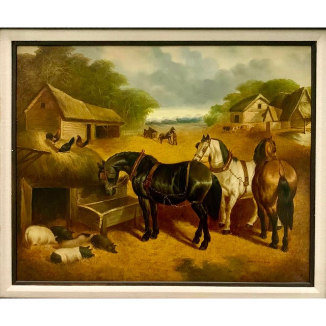 Late 20th Century Late 20th Century Realist Farmhouse Oil Painting, Countryside Farm Animals, Framed, 42.5"w For Sale - Image 5 of 9