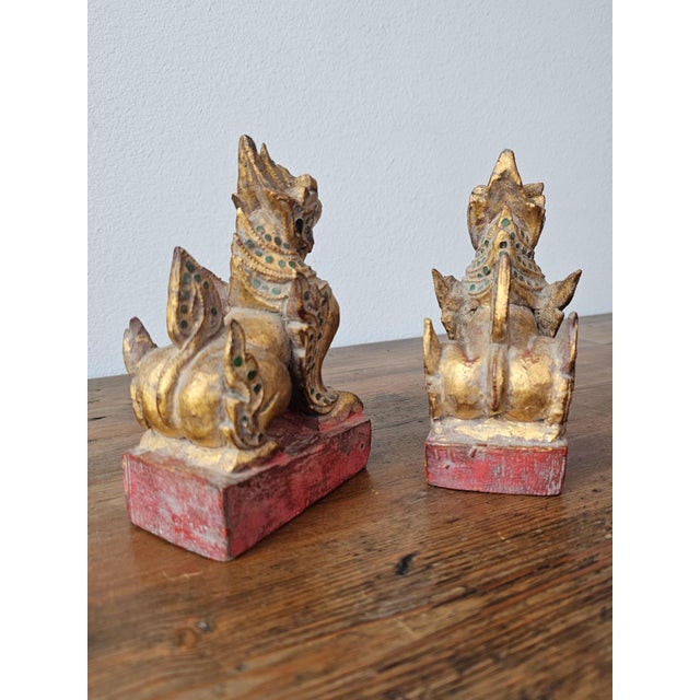 Antique Southeast Asian Burmese Glass Jewel Inlaid Qilin Foo Dog Lion Figure Carvings - a Pair For Sale - Image 12 of 12