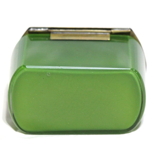 Metal Antique Opaque Green Glass Dresser/Powder Box With Brass Lid For Sale - Image 7 of 7