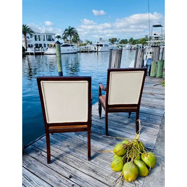 Ralph Lauren Ralph Lauren Classic Vintage Carved Wood Accents Arm Chairs With Traditional Cognac Leather Seats - A Pair For Sale - Image 4 of 11