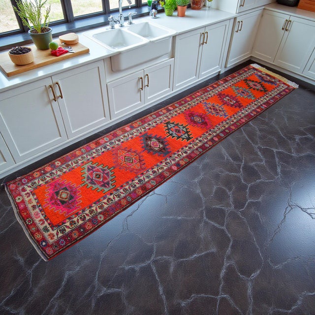 Mid-Century Modern Shimmery Turkish Runner Rug. Hand-Knotted Tribal Extra Long Halway Rug Kitchen Decor - 2′9 × 13′8″ For Sale - Image 3 of 16