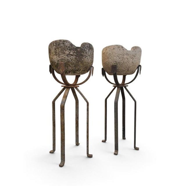 19th Century 19th Century Carved Stone Planters on Wrought Iron Stands, 1880, Set of 2 For Sale - Image 5 of 10