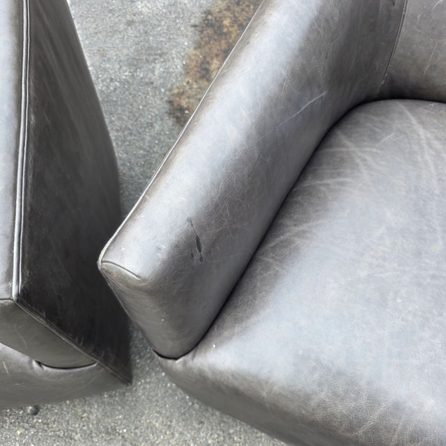 Pair of Restoration Hardware 1950s Italian Shelter Charcoal Gray Distressed Leather Swivel Club Chairs For Sale - Image 12 of 13