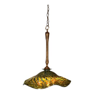 Ruffled Swirled Multicolor Green Art Glass and Brass Tone Pendant Light Signed R. Mynatt For Sale