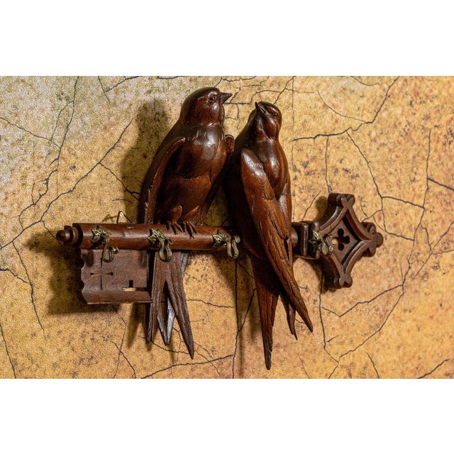 Antique Black Forest Carved Wood Wall Key Holder with Swallow Birds, ca. 1910s For Sale - Image 3 of 18
