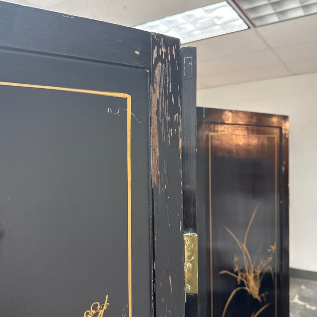 Paint Chinoiserie Black Lacquer Four-Panel Folding Screen, Vintage For Sale - Image 7 of 12
