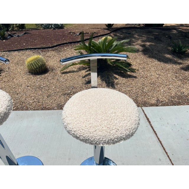 Chrome 1980s Vintage Postmodern Japanese Chrome Swivel Counter or Barstools Boucle - Set of 3 For Sale - Image 8 of 13