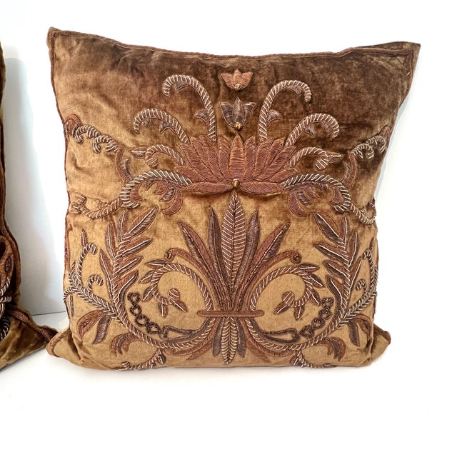 Hollywood Regency John-Richard Metallic Bullion Emboidered Brown Velvet Throw Pillows - Pair For Sale - Image 3 of 18