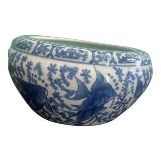Vintage Chinese Blue & White Porcelain Fishbowl Jardinière With Qianlong-Style Mark For Sale