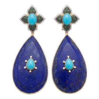 Natural Tsavorite, Lapis, Turquoise, & Diamond Earring in 14k Gold For Sale