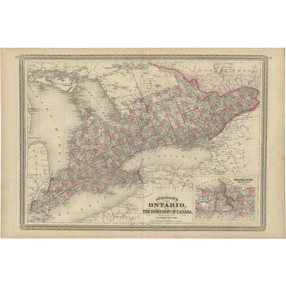 Antique Map of Ontario with Inset Map of the Niagara River by Johnson, 1872 For Sale