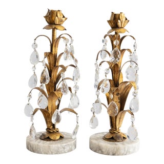 Vintage Italian Gilt Tole & Crystals Candlesticks - A Pair For Sale