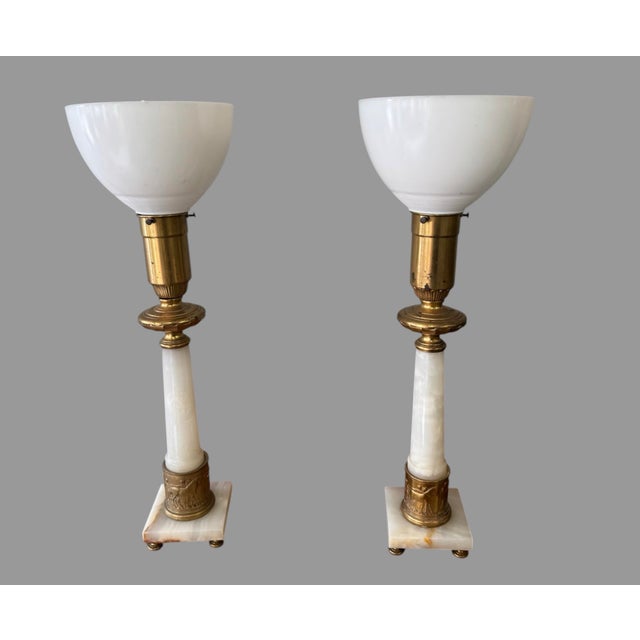 Vintage Alabaster & Bronze Table Lamps Neoclassical Marble Column Matching - a Pair For Sale - Image 6 of 9