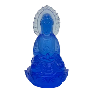 4" Deep Blue Crystal Glass Sitting Lotus Two Faces Bodhisattva Buddha