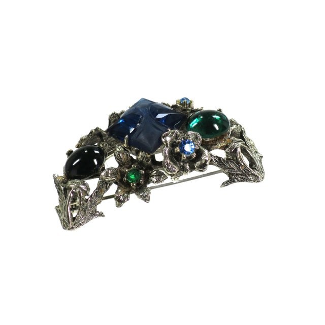 1940s Vintage Sapphire Crystal Floral Brooch 1940s For Sale - Image 5 of 7