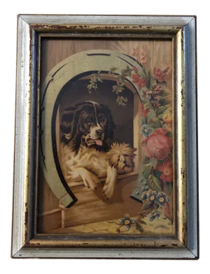 Vintage Original Small ChromoLithograph 2 Dogs With Flowers