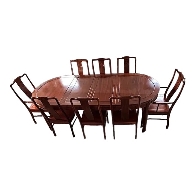 1970s 9 Piece Chinese Rosewood Chinese Longevity Oval Dining Set For Sale