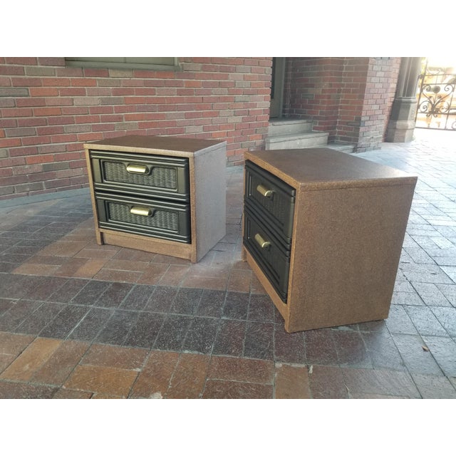 Mid-Century Modern 1970s Rare Pair of Cork and Brass Nightstands For Sale - Image 3 of 13