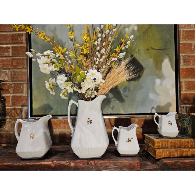English 19th Century Set of 4 Ironstone Tea Leaf Decorative Motif Pitchers by Powell & Bishop For Sale - Image 3 of 12