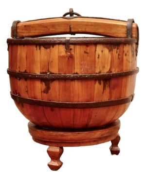 Antique Chinese Iron and Elm Wood Water Bucket on Stand