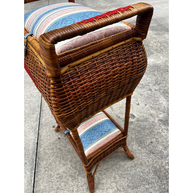 Mid-Century Modern Vintage Large Woven Wicker Double Compartment Standing Sewing Basket For Sale - Image 3 of 12