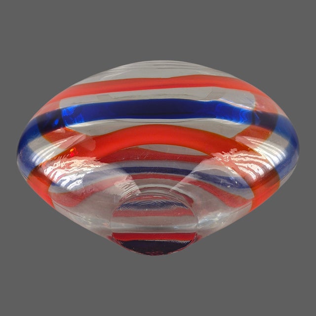 Glass Stunning Italian Hand-Blown Art Glass Oval Shape Red & Blue Horizontal Bands Vase For Sale - Image 7 of 8