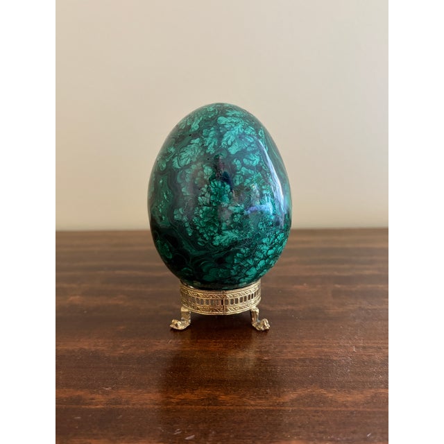 Late 20th Century Large Solid Malachite Egg on Neoclassical Brass Stand With Paw Feet For Sale - Image 5 of 10