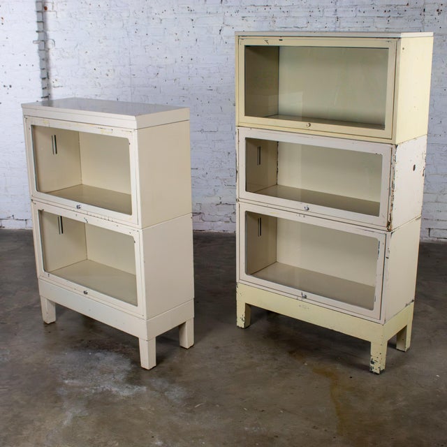 Rustic Early to Mid-20th Century Industrial Rustic Pair Modular Stacking Barrister Bookcase by Globe-Wernicke For Sale - Image 3 of 18