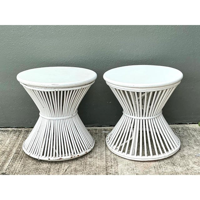 Mid-Century Modern Vintage White Stick Rattan Hourglass Tables - A Pair For Sale - Image 3 of 12