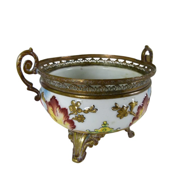 1930s Vintage French "N" Mark Footed Cherub Bowl With Ormolu Trim & Floral Interior | Two Handled | Blue Crowned N For Sale - Image 5 of 13