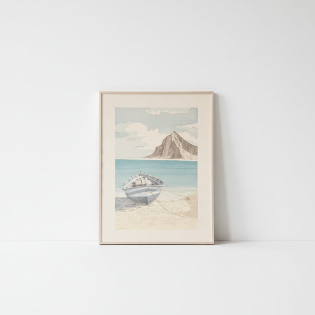 This elegant post-minimalist art print by A. Guardieli, titled “Ocean Boat & Mountain,” presents a serene and balanced...