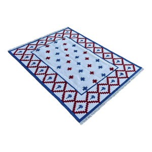 Handmade Cotton Vegetable Dyed Area Rug, Star Geometric Cream, Blue and Red Dhurrie - 6'x9'