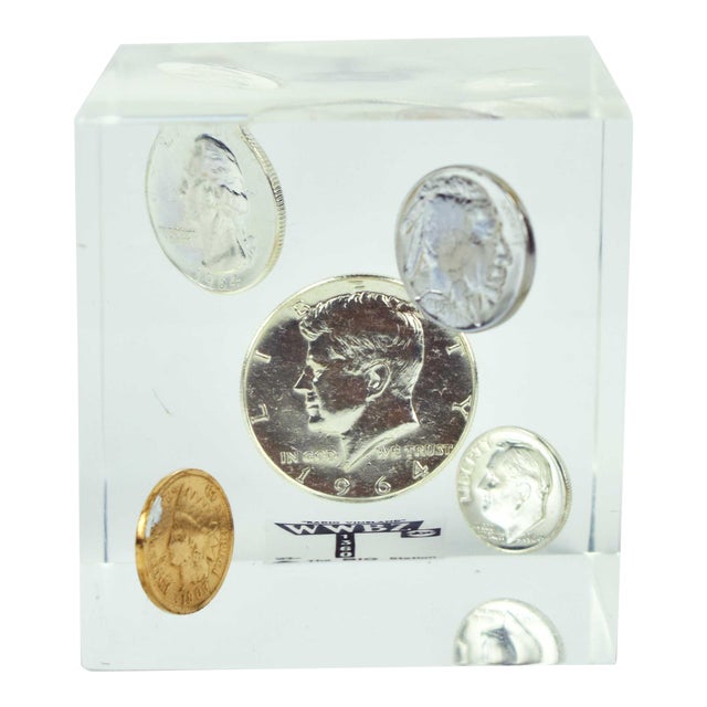 Late 20th Century Coin Cube Lucite Acrylic Paperweight For Sale