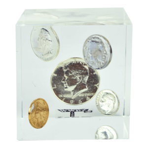 Late 20th Century Coin Cube Lucite Acrylic Paperweight