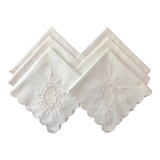 White Scalloped and Embroidered Napkins- Set of 6 For Sale