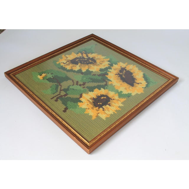 Mid-Century Modern Vintage Framed Sunflower Needlepoint Art Wall Hanging For Sale - Image 3 of 8