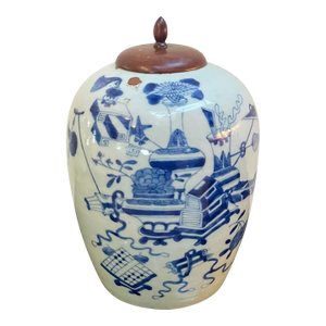 Antique Chinese Qing Dynasty Blue & White Scholar’s Objects Melon Jar With Hardwood Lid – 13”