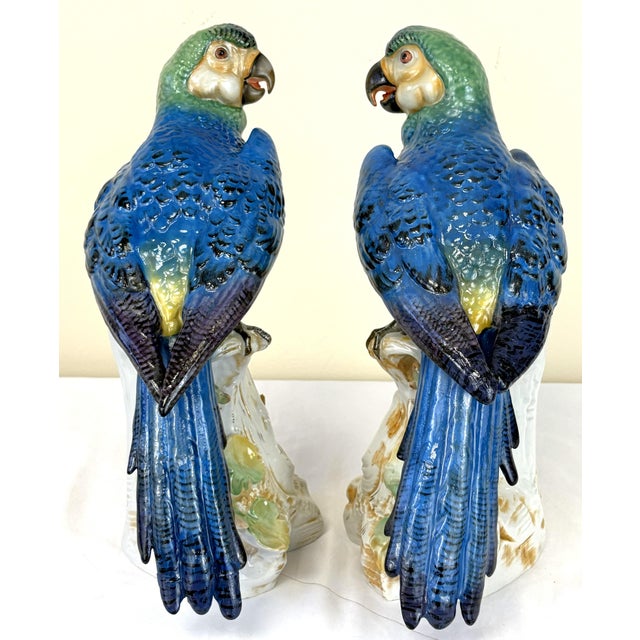 Traditional 1940's Germany Hand Painted Large Porcelain Parrots- A Mirrored Pair For Sale - Image 3 of 18